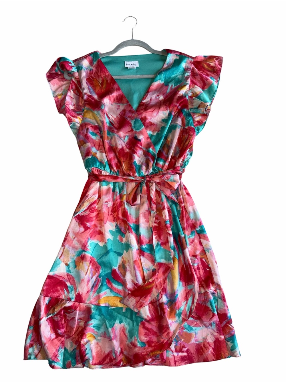 Nicole Miller Colorful Abstract floral pattern faux wrap Dress Size Medium - Picture 2 of 10